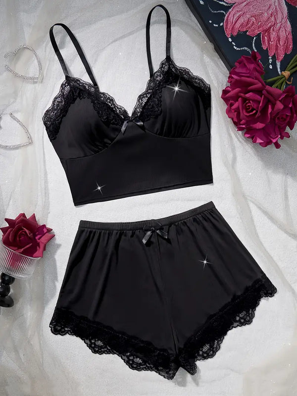 Women’s Sexy Lace Pajama Set – Halter Crop & Stretch Shorts