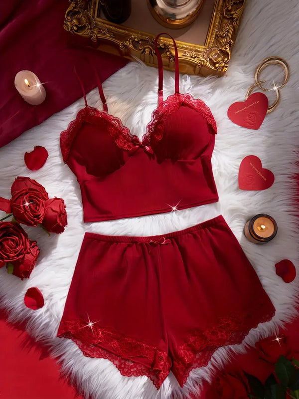Women’s Sexy Lace Pajama Set – Halter Crop & Stretch Shorts