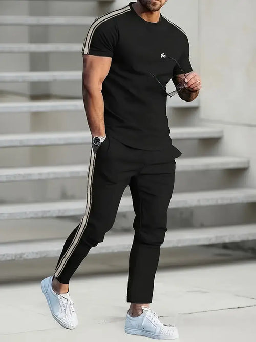 Men's Trendy Breathable Striped Short Sleeve Black Tracksuit
