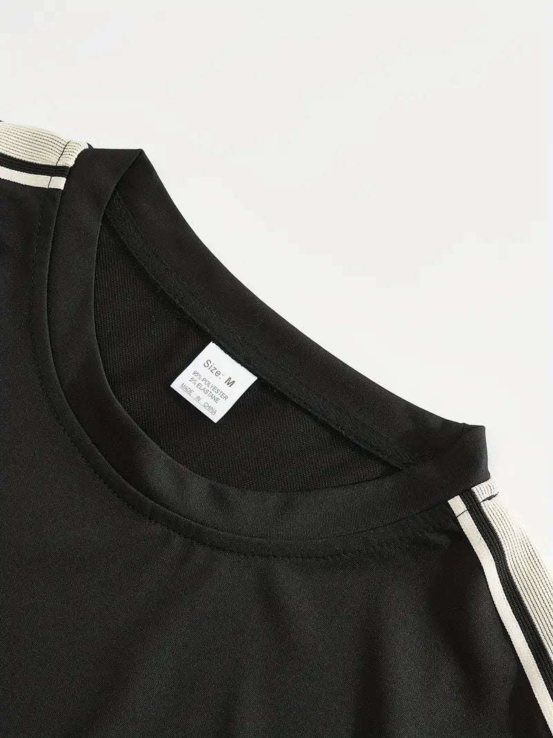 Men's Trendy Breathable Striped Short Sleeve Black Tracksuit