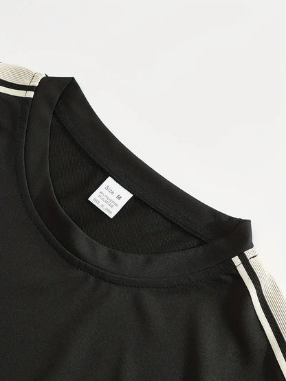 Men's Trendy Breathable Striped Short Sleeve Black Tracksuit