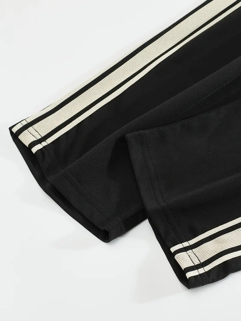 Men's Trendy Breathable Striped Short Sleeve Black Tracksuit