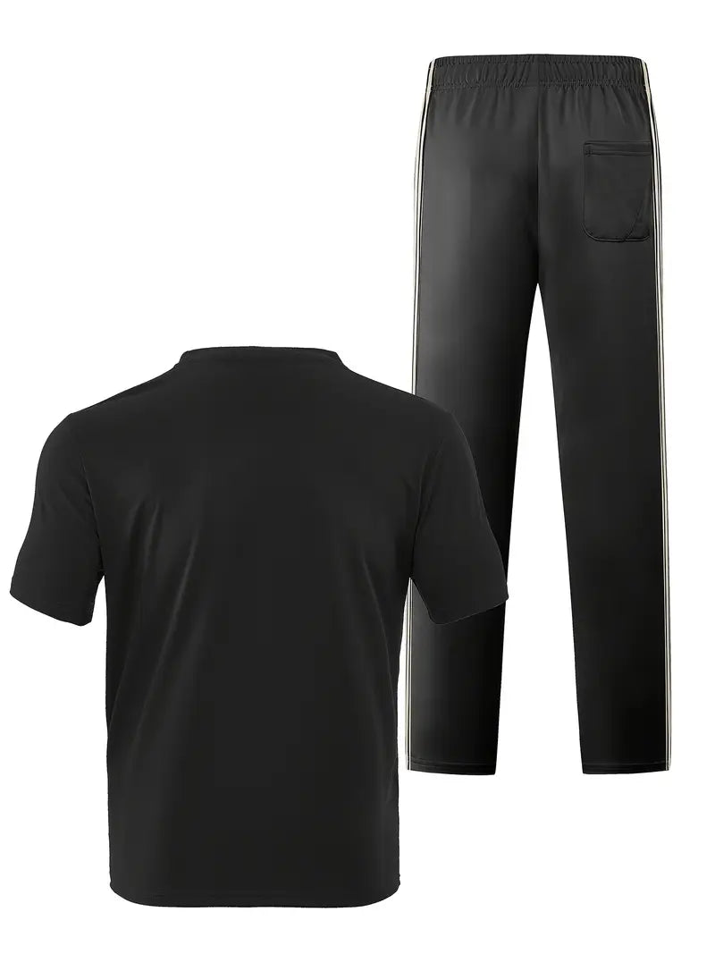 Men's Trendy Breathable Striped Short Sleeve Black Tracksuit
