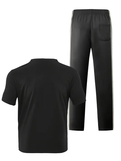 Men's Trendy Breathable Striped Short Sleeve Black Tracksuit