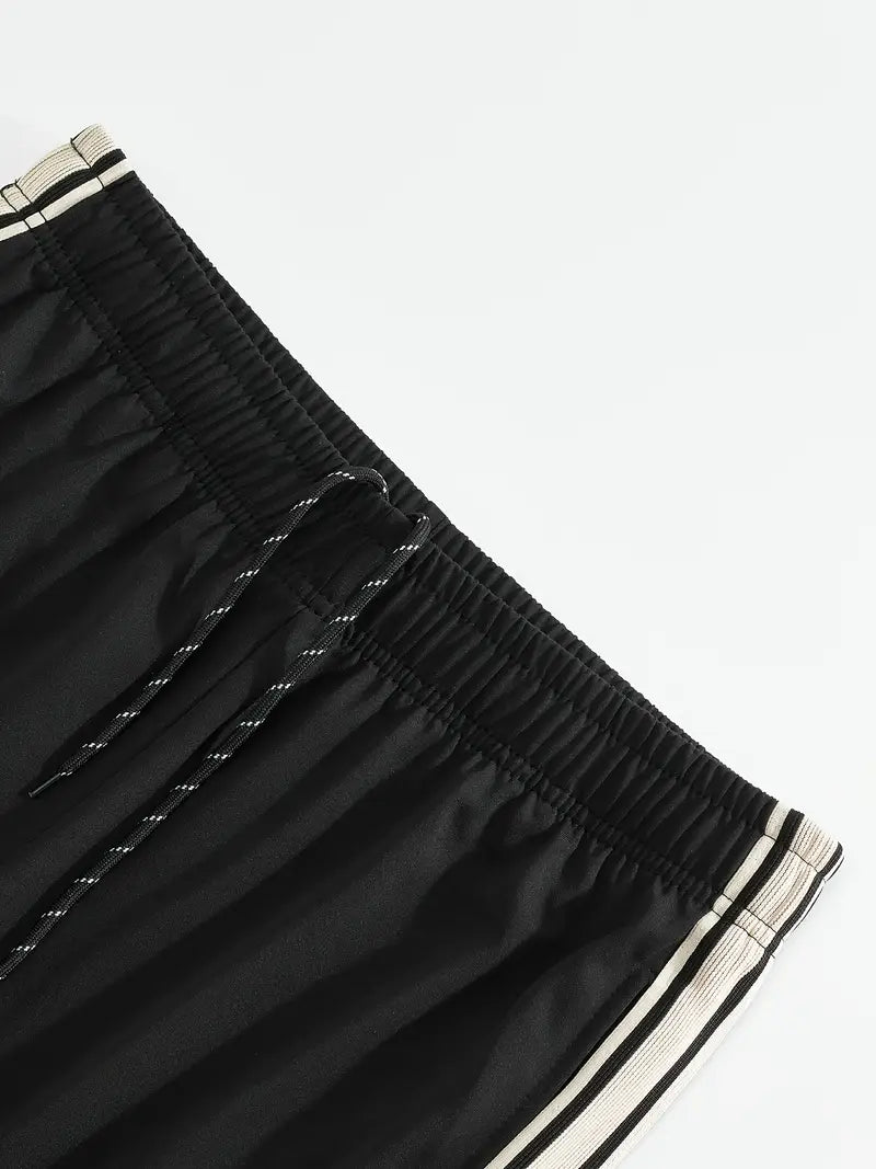 Men's Trendy Breathable Striped Short Sleeve Black Tracksuit