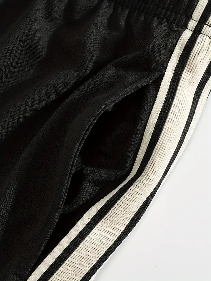 Men's Trendy Breathable Striped Short Sleeve Black Tracksuit