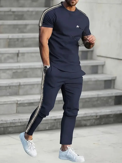 Men's Trendy Breathable Striped Short Sleeve Black Tracksuit