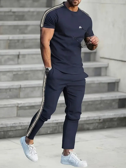 Men's Trendy Breathable Striped Short Sleeve Black Tracksuit