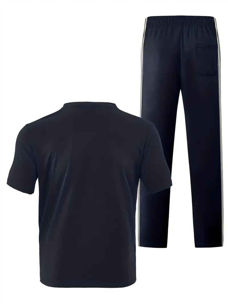 Men's Trendy Breathable Striped Short Sleeve Blue Tracksuit