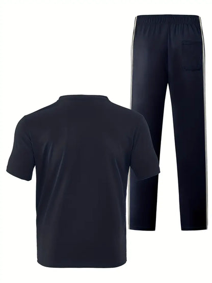 Men's Trendy Breathable Striped Short Sleeve Blue Tracksuit