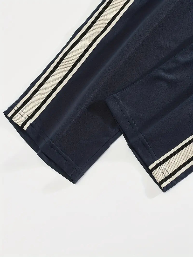 Men's Trendy Breathable Striped Short Sleeve Blue Tracksuit