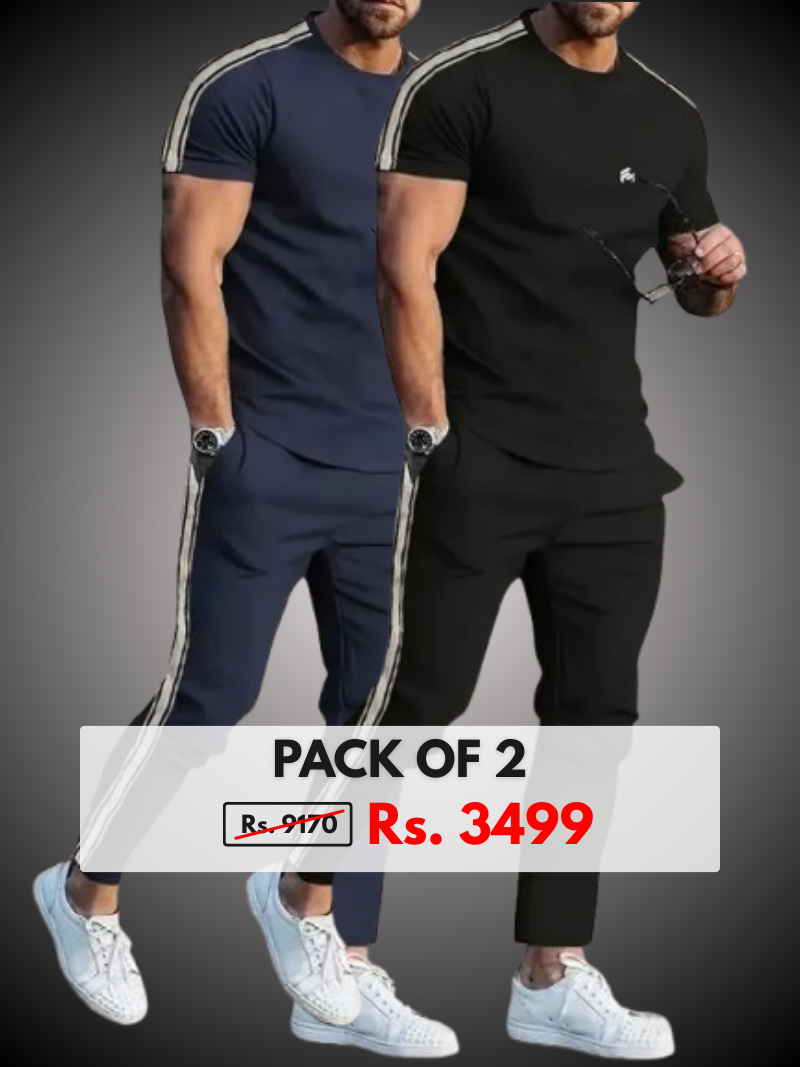 Men's Trendy Breathable Striped Short Sleeve Black / Blue Tracksuit